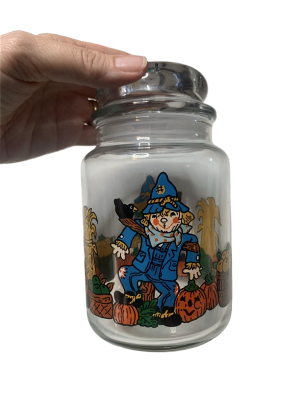 Glass jar with lid Scarecrow and pumpkins Fall
